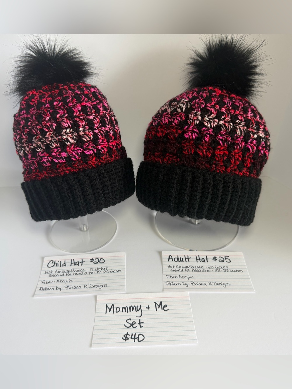 Hand Crafted Black & Pink Gradient Pom Pom Beanie Set